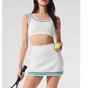 Alo Yoga Tennis Club Sweater Knit Bra (M) Skirt (XS) Set White Spruce Green NWT